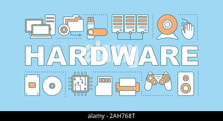 Matériel informatique concepts mot bannière. Appareils électroniques. Les transporteurs de l'information, l'unité centrale. Présentation. Typographie lettrage isolé avec icônes linéaire. Illustration de Vecteur