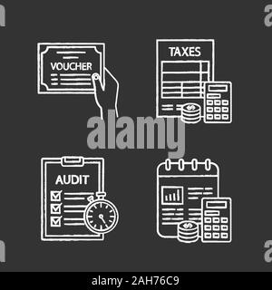 Chalk vérification icons set. Bon, la budgétisation, la comptabilité, les impôts vérification opérationnelle. Illustrations vectorielles chalkboard Illustration de Vecteur