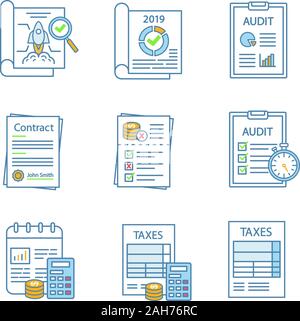 Couleur vérification icons set. Formulaire d'impôts, de la comptabilité, la budgétisation, le rapport du vérificateur, l'audit opérationnel, contrat, risques, état financier, l'inspection du projet Illustration de Vecteur