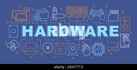 Matériel informatique concepts mot bannière. Appareils électroniques. Les transporteurs de l'information, l'unité centrale. Présentation. Typographie lettrage isolé avec icônes linéaire. Illustration de Vecteur