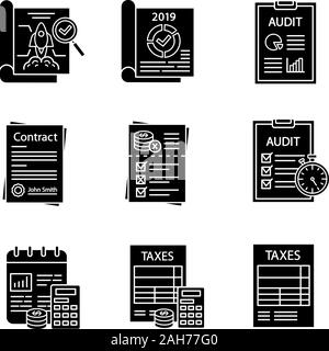 Glyphe de vérification icons set. Formulaire d'impôts, de la comptabilité, la budgétisation, le rapport du vérificateur, l'audit opérationnel, contrat, risques, déclaration, d'inspection du projet, rapport. Illustration de Vecteur