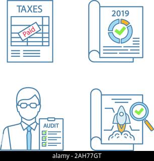 Couleur vérification icons set. De retour de taxes, rapport annuel, comptes, audit des projets. Illustrations vectorielles Illustration de Vecteur