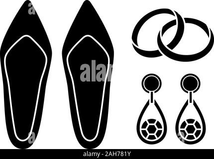 Accessoires de mariage icône glyphe. Bague de fiançailles, boucles d'Oreilles et des chaussures de mariée. L'agence de mariage. Symbole de Silhouette. L'espace négatif. Vector isolated illustr Illustration de Vecteur