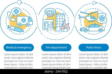 Services publics infographie vecteur modèle. Force de police, pompier, urgence médicale. La visualisation de données avec trois étapes. Tim Processus Illustration de Vecteur