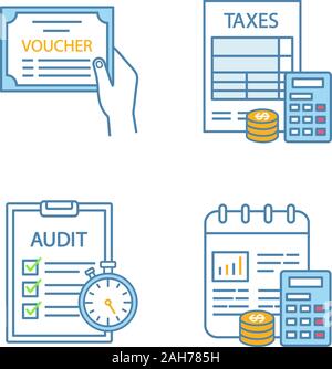 Couleur vérification icons set. Bon, la budgétisation, la comptabilité, les impôts vérification opérationnelle. Illustrations vectorielles Illustration de Vecteur