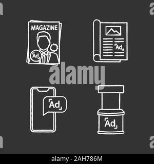 Chalk chaînes publicitaires icons set. Magazine, l'article, le marketing mobile, stand promotionnel. Illustrations vectorielles chalkboard Illustration de Vecteur