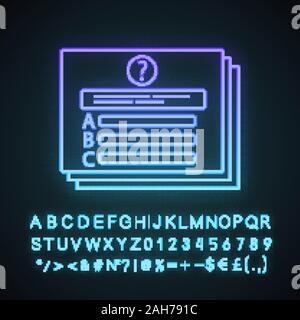 Ensemble de questions neon light icône. Test, examen, quiz. Bloc de questions. Educational Testing. Signe rougeoyant avec alphabet, chiffres et symboles. Vector Illustration de Vecteur
