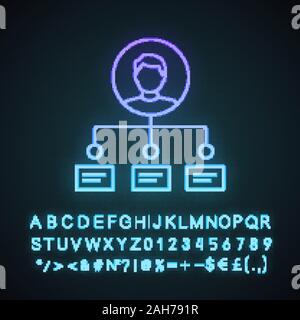 Les capacités et compétences neon light icône. Qualités professionnelles. Responsabilités de l'emploi et de fonctions. Signe éclatant avec l'alphabet, les chiffres et le symbole Illustration de Vecteur