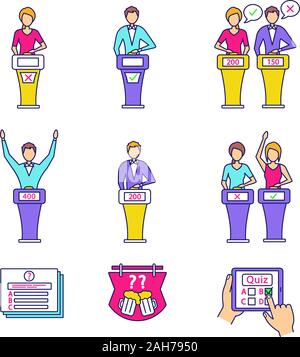 Quiz Show color icons set. Questions jeu intellectuel, buzzer, joueurs, quiz en ligne, bol, plat, studio, jeux gagnants, perdants, show d'accueil. Isol Illustration de Vecteur