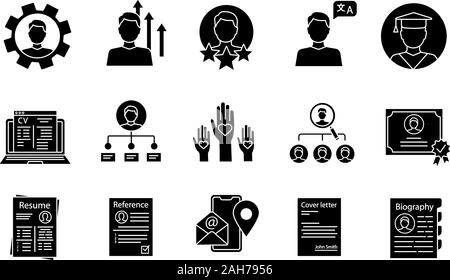 Reprendre l'ensemble des icônes de glyphe. Les compétences professionnelles, l'éducation, de l'expérience, des capacités. L'emploi. Le recrutement, le recrutement. CV, couvrir, lettres de référence. Sil Illustration de Vecteur