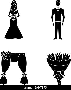 Planification de mariage glyphe icons set. La mariée et du marié, mariage bouquet floral, Arch. Symboles de Silhouette. Vector illustration isolé Illustration de Vecteur