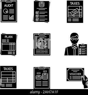 Glyphe de vérification icons set. Comptes, rapport du budget, déclaration de revenus, de planification, de vérification de gestion, comptes, rapport annuel, bon, frais. Silhouette symbo Illustration de Vecteur