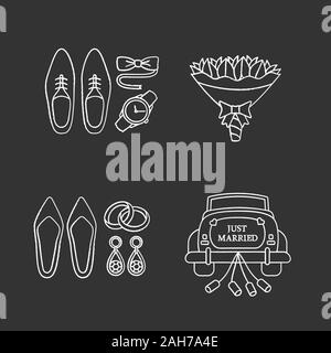 Planification de mariage chalk icons set. Les hommes et les femmes, d'accessoires de voiture de mariage, bouquet de fleurs. Illustrations vectorielles chalkboard Illustration de Vecteur