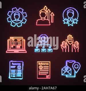 Reprendre neon light icons set. Réalisations, compétences, expérience, cv en ligne, la capacité, le bénévolat, la référence, le contact. Les panneaux lumineux. Il isolé du vecteur Illustration de Vecteur
