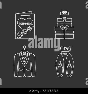 Planification de mariage chalk icons set. Cadeaux, accessoires pour hommes, mariage invitation, Tuxedo. Illustrations vectorielles chalkboard Illustration de Vecteur