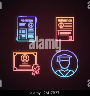 Reprendre neon light icons set. CV, lettre de référence, l'éducation, certificat. Les panneaux lumineux. Vector illustrations isolées Illustration de Vecteur