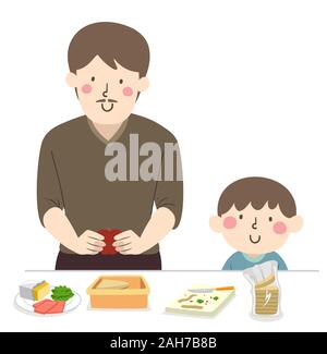 Illustration d'un enfant garçon regardant son père de prendre sa boîte à lunch, l'ajout d'un sandwich et une pomme