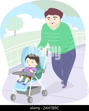 Illustration d'un père poussant une poussette avec son enfant garçon fils au parc Banque D'Images