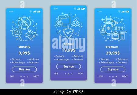 Abonnement Antivirus application mobile intégration des écrans avec des prix de service. Procédure pas à pas les pages d'un site web templates. Logiciel anti virus plans tarifaires comme suit. Illustration de Vecteur