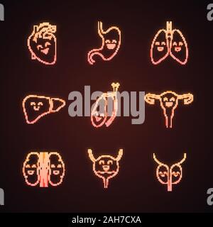 Les organes internes souriant neon light icons set. Respiratoire, urinaire, reproducteur, digestif, la santé. Les panneaux lumineux. Vector isolated illus Illustration de Vecteur