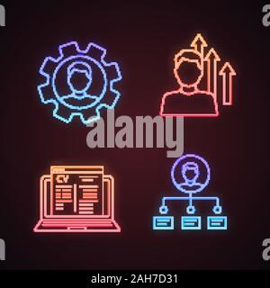 Reprendre neon light icons set. Les compétences des professionnels, la croissance personnelle, de demande d'emploi en ligne, les capacités. Les panneaux lumineux. Vector illustrations isolées Illustration de Vecteur