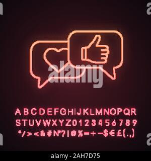 Les commentaires des clients l'icône lampe au néon. Les médias sociaux aime et commentaires. Commentaires positifs. 0, le classement. Signe éclatant avec l'alphabet, les nombres et symboles Illustration de Vecteur
