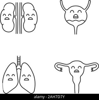 Les organes internes triste icons set linéaire. Fine ligne contour des symboles. Malheureux les reins, les poumons, l'utérus. Pulmonaire malsain, systèmes de reproduction. Isol Illustration de Vecteur