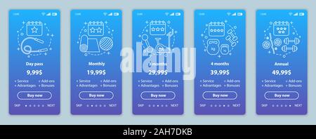 Abonnement de remise en forme de l'application mobile d'intégration des prix des écrans. Procédure pas à pas les pages d'un site web templates. Les coûts d'adhésion de salle de gymnastique. Les plans tarifaires comme suit. P Smartphone Illustration de Vecteur