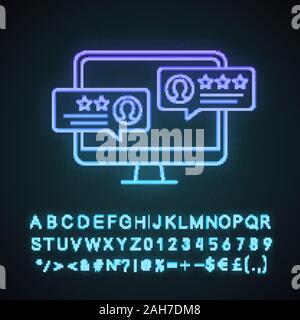 Customer reviews neon light icône. Les messages de rétroaction positive. 0. En matière de service à la clientèle. Écran de l'ordinateur. Signe éclatant avec l'alphabet, les nombres et s Illustration de Vecteur