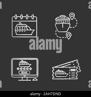 Chalk croisière icons set. Voyage d'été. Agence de voyages. Date de départ de croisière, voyage à pied, réservation en ligne, les billets d'excursion. Vecteur isolé cha Illustration de Vecteur