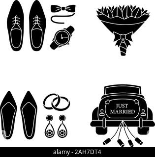 Planification de mariage glyphe icons set. Les hommes et les femmes, d'accessoires de voiture de mariage, bouquet de fleurs. Symboles de Silhouette. Vector illustration isolé Illustration de Vecteur