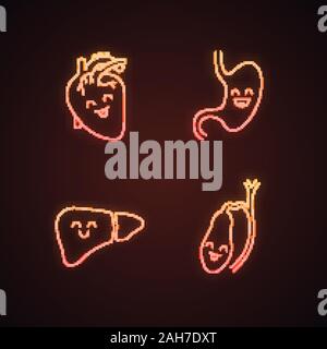 Les organes internes souriant neon light icons set. Happy heart, estomac, foie, vésicule biliaire. Cardiovasculaire et digestif sain. Si rougeoyant Illustration de Vecteur