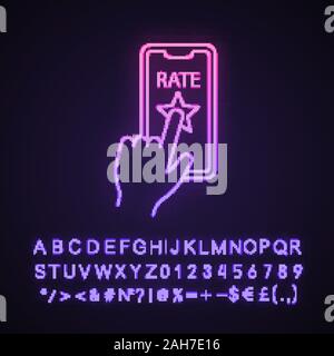 App 0 neon light icône. Commentaires client application. Classement. Commentaires. Signe rougeoyant avec alphabet, chiffres et symboles. Vector isolated illustra Illustration de Vecteur