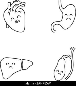 Les organes internes triste icons set linéaire. Fine ligne contour des symboles. Malheureux cœur, estomac, foie, vésicule biliaire. Système digestif malsaine. Isoler Illustration de Vecteur