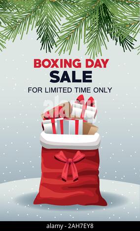 Boxing day vente poster avec le père Noël et les cadeaux sac Illustration de Vecteur