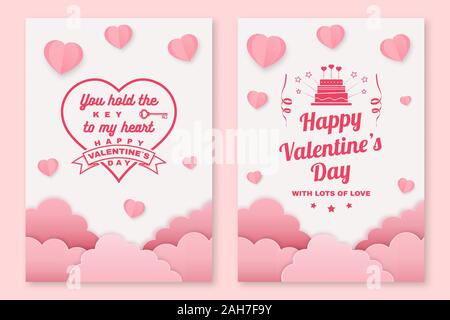 Jeu de Happy Valentines Day affiche, flyer, cartes de vœux. Définir invitation, affiches, brochure, bon de réduction, des bannières avec des nuages, des oiseaux, clé, coeur. La conception de scénario pour la Saint-Valentin Illustration de Vecteur