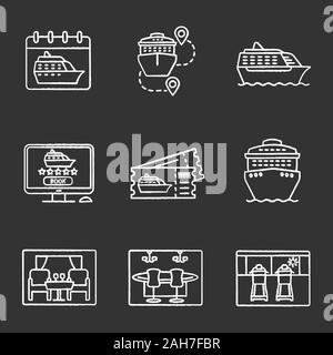 Chalk croisière icons set. Voyage d'été. Date de départ, les navires de croisière, voyage à pied, casino, tapis roulants, billets d'excursion, restaurant, réservation en ligne. Je Illustration de Vecteur