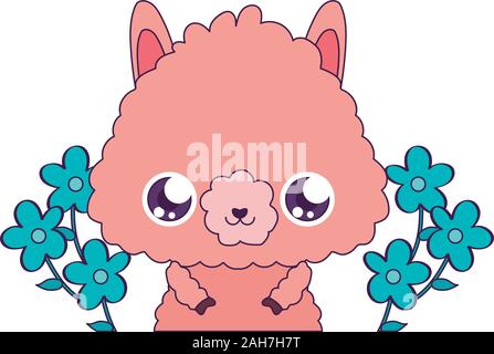 Caricature de lama de fleurs design, expression Kawaii mignon petit personnage drôle et thème d'émoticônes Vector illustration Illustration de Vecteur