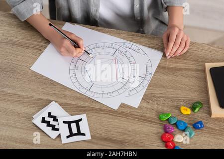 Portrait de femme dessin thème natal par les pierres et les papiers avec des signes du zodiaque sur table Banque D'Images