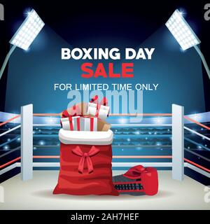 Boxing day vente poster avec le père Noël et les cadeaux sac Illustration de Vecteur