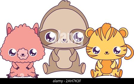 Llama sloth et Tiger, expression design dessins Kawaii mignon petit personnage drôle et thème émoticône Vector illustration Illustration de Vecteur