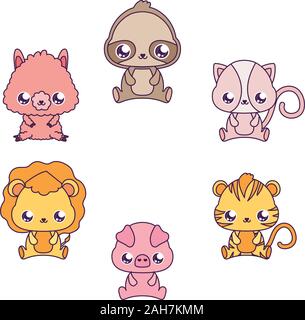 Dessins animés Animaux design, expression Kawaii mignon petit personnage drôle et émoticone thème Vector illustration Illustration de Vecteur