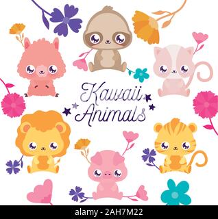 Caricatures d'animaux et de fleurs design, expression Kawaii mignon petit personnage drôle et thème d'émoticônes Vector illustration Illustration de Vecteur