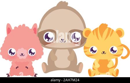 Llama sloth et tiger design, expression animaux Kawaii mignon petit personnage drôle et thème émoticône Vector illustration Illustration de Vecteur