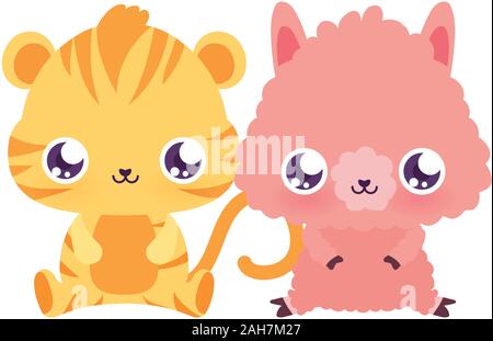 Tiger et de lamas, design animaux Kawaii cute expression drôle de caractère et d'émoticône thème Vector illustration Illustration de Vecteur