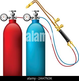 Les bouteilles de gaz et soudure chalumeau oxy acétylène - réservoir de gaz et le brûleur, pignon de soudure Illustration de Vecteur