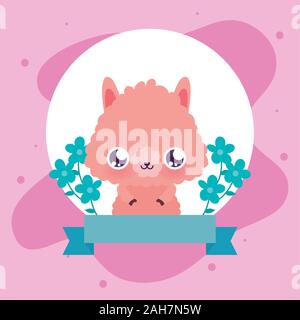 Caricature de lama de fleurs design, expression Kawaii mignon petit personnage drôle et thème d'émoticônes Vector illustration Illustration de Vecteur