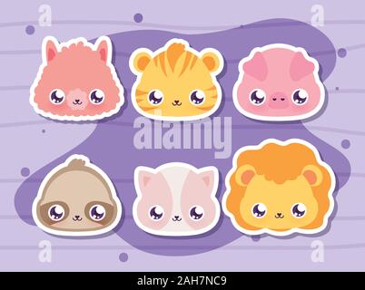 Dessins animés Animaux design, expression Kawaii mignon petit personnage drôle et émoticone thème Vector illustration Illustration de Vecteur