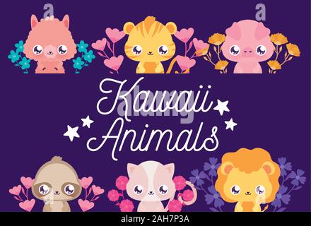 Caricatures d'animaux et de fleurs design, expression Kawaii mignon petit personnage drôle et thème d'émoticônes Vector illustration Illustration de Vecteur