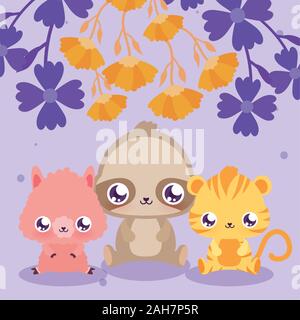 Caricatures d'animaux et de fleurs design, expression Kawaii mignon petit personnage drôle et thème d'émoticônes Vector illustration Illustration de Vecteur